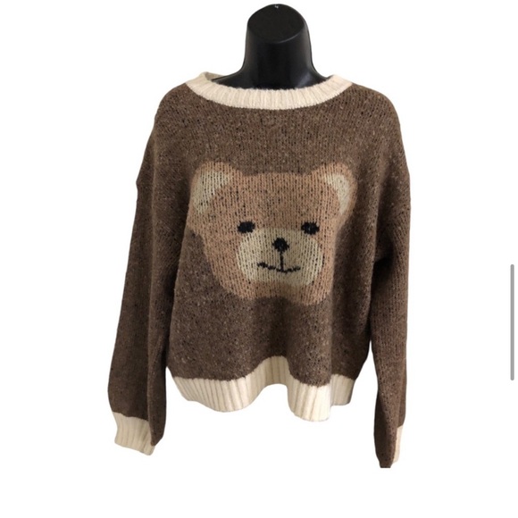 Luna Ivy brown teddy bear cream ribbed neckline long sleeve sweater size medium - Picture 8 of 10